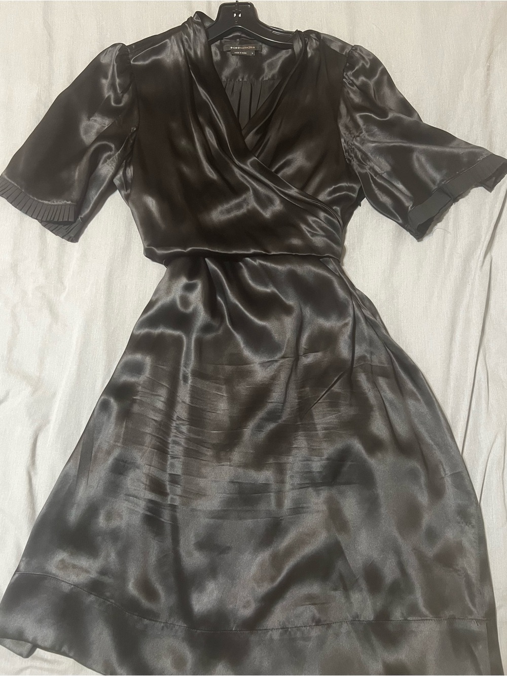 BCBGMaxAzria Black Charmeuse Silk Wrap Dress | 100% Silk | Size L